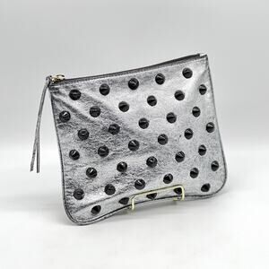 CYNTHIA VINCENT Small Leather Clutch Pouch Silver Black Spike Stud Detail